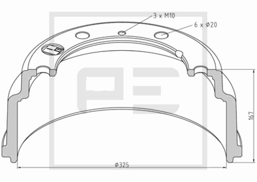 PEAUTOMOTIVE 03641500A Барабан тормозной 325x97/110 H=167 d=204/245 n6x20+3xM10 MAN 6/8/9/10