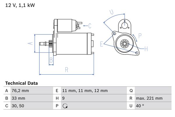 BOSCHDIAGNOSTICS 0986016290 Стартер! 1.1Kw VW Golf/Passat/Vento, Audi, Seat 1.4-2.0 91-05