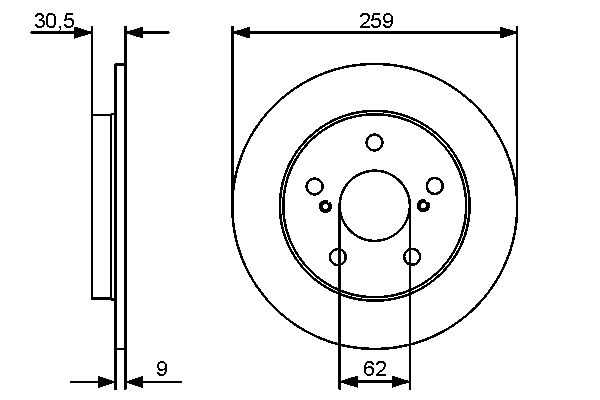 BOSCH 0986479418 0 986 479 418 диск тормозной задний! d=259/62,w=9/7,5 5 отв. Toyota Auris 1.4/1.6 VVTi 07>