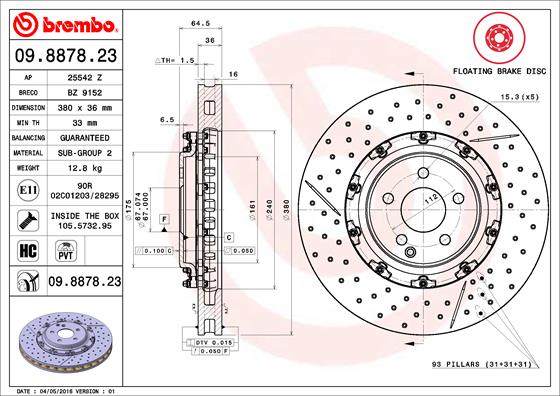 BREMBO 09.8878.23 Диск тормозной передний! перфорир. с насечками MB CLS C219 04-11/ SL R230 01-12