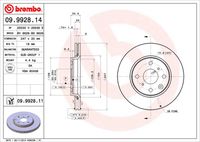 BREMBO 09.9928.14 Диск тормозной передний! Citroen C1, Peugeot 107, Toyota Aygo 1.0/1.4HDi 05>