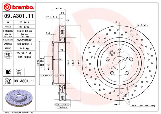 BREMBO 09.A301.11 Диск тормозной задний перфорированный! Lexus IS II (E20) 07>