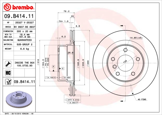 BREMBO 09.B414.11 Диск тормозной задний! BMW E82/E88 1.8i/2.0i/2.5i/1.8D/2.0D 08>