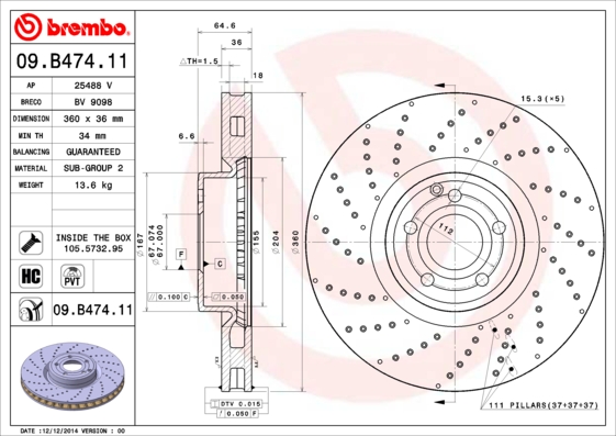 BREMBO 09B47411 Диск тормозной передний MERCEDES-BENZ SL (R231) 01/12>