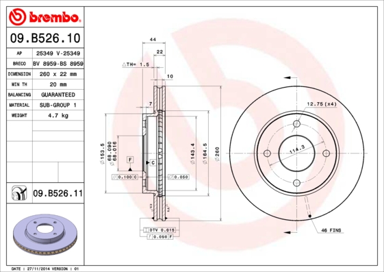 BREMBO 09B52610 Диск тормозной NISSAN TIIDA 07- перед. вент. (мин. 2 шт.)