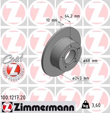 ZIMMERMANN 100121720 Диск тормозной задний! Audi 100/A6, VW Passat 1.8-1.9TDi 90>