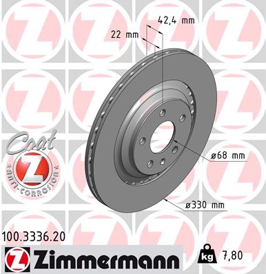 ZIMMERMANN 100333620 Диск тормозной COAT Z задн. 330x22/42 AUDI A6 Allroad C6 2.7 TDI quattro 06>08, 06>11