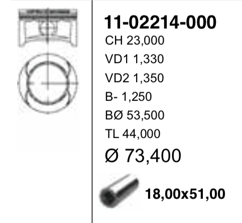 YENMAK 11-02214-000 73,40 mm. поршень с пальцем без колец (10013160/250820/0448029, турция)