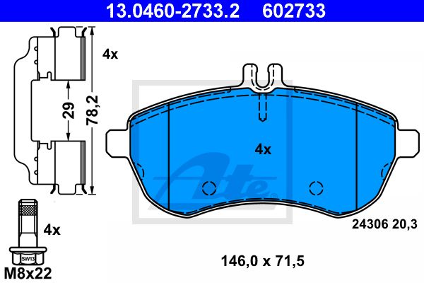 ATE 13.0460-2733.2 FDB1978=1301 00 [0054200820] колодки дисковые п. MB W204 1.8/2.0CDi 07>