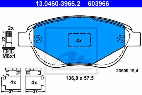 ATE 13.0460-3966.2 852 000B-SX=573031B колодки дисковые п. Peugeot 307, Citroen Xsara 1.6-2.0/HDi 00>