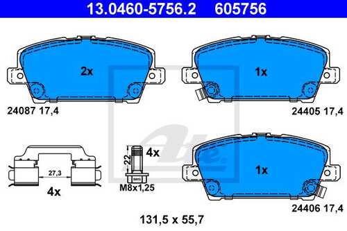 ATE 13 0460 5756 2 13.0460-5756.2 1205 02 [45022SMGE01] колодки дисковые п. Honda Cavic 1.3-1.8/2.2CDTi 06>