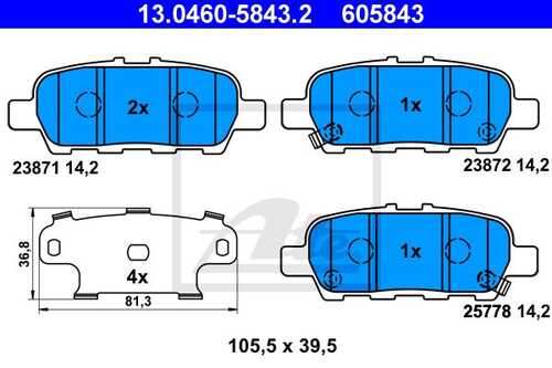 ATE 13.0460-5843.2 D1244M-01 колодки дисковые з. Nissan Murano/X-Trail, Infiniti FX35 2.0-3.5 03>;Колодки тормозные задние