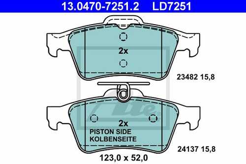 ATE 13047072512 Колодки дисковые сeramic задн. 123.0x52.0x16.7 RENAULT LAGUNA 1.5 dCi (2012>2015), 2.0 16V Turbo