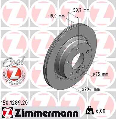 ZIMMERMANN 150.1289.20 Диск тормозной COAT Z задн. 294x19/60 BMW 3 318 i 01>05, 97>01, 320 Cd 03>06, 05>07, C