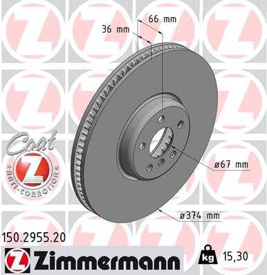 ZIMMERMANN 150.2955.20 Диск тормозной перед. прав. 374x36/66-5x112 BMW F01/F07/F10/F11 2.0-3.0i/D 10>