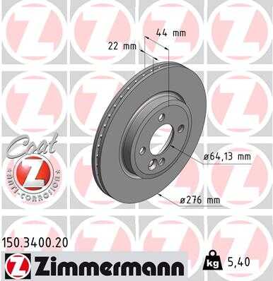 ZIMMERMANN 150.3400.20 Диск тормозной перед. 276x22/44-4x100 MINI Cooper 01>06, 04>08, S 02>06, 04>06, Co