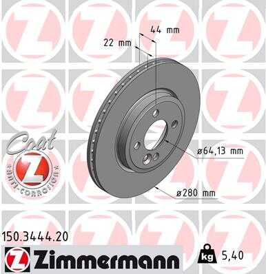 ZIMMERMANN 150.3444.20 Диск тормозной передний! MINI Cooper/One 1.4-1.6i/1.6D 07>