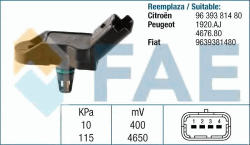 FAE 15035 Датчик давления воздуха! Citroen Saxo/Xsara, Peugeot 106/206/306/407/307 1.1-2.2 16V 93>