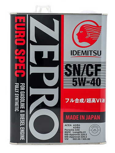 IDEMITSU 1849004 5W40 ZEPRO EURO SPEC (4L) масло моторное! синт. API SN, ACEA A3/B4,MB229.5,VW502.00/505.00;Масло моторное синтетика 5W-40 4 л