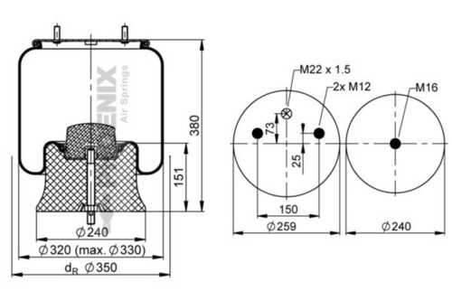 PHOENIX 1DK22E11 Пневмоп. со стак 4022NP05 порш. пласт. 2шп. м12 1отв. штуц. м22х1.5 1шп. штуц. м16 SAF2619V