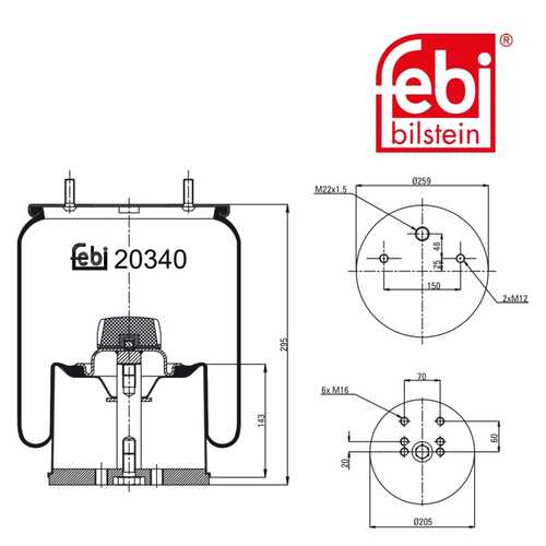 FEBI 20340 Пневмопод. со стак. 940MB h423 2шп. M12смещ.25. 1отв. штуц. M22. поршень пластик BPW