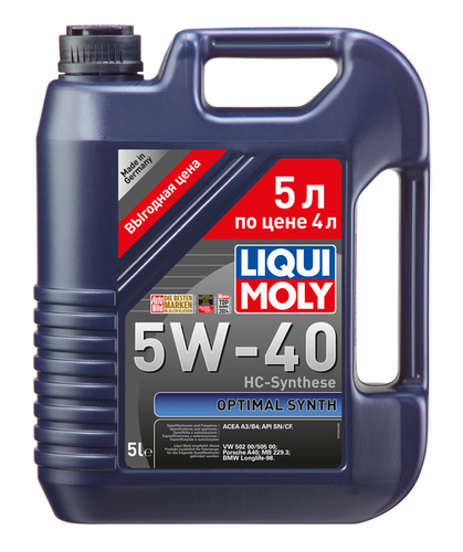 LIQUIMOLY 2293 LiquiMoly 5W40 Optimal Synth (5L) масло мотор.! син. api SN/CF,ACEA A3-04,B4-04:VW,Porsche,MB229.3