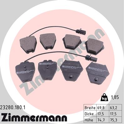 ZIMMERMANN 232801801 Колодки дисковые передние! Audi A4 99-01/A6 98>/Allroad 00>, VW Passat 01>