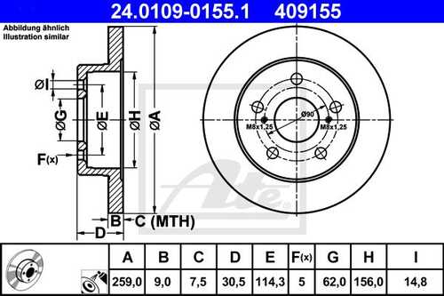 ATE 24.0109-0155.1 Диск тормозной задний! Toyota Auris 1.4/1.6 VVTi 07>