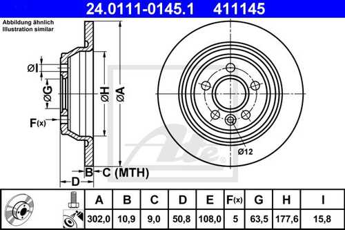 ATE 24.0111-0145.1 Диск тормозной задний! Ford Mondeo/S-Max 1.8/2.0TDCi/2.0-2.5 06>