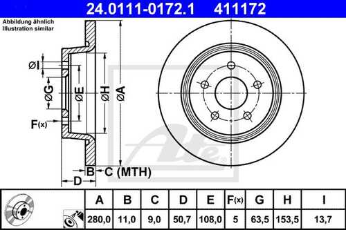 ATE 24.0111-0172.1 Диск тормозной задний! Ford C-Max/Grand C-Max/Kuga 1.6/ 1.6 TDCi/2.0 TDCi 10>