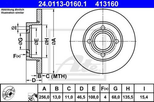 ATE 24.0113-0160.1 Диск тормозной передний! Audi 80/90/100 1.6-2.0D 86-91