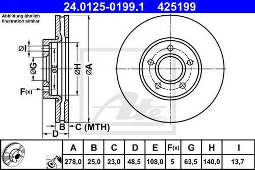 ATE 24.0125-0199.1 Диск тормозной передний! Ford Focus/C-MAX 1.0-1.6/1.6TDCi 10>