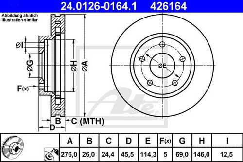 ATE 24.0126-0164.1 Диск тормозной передний! Mitsubishi Lancer 1.5-2.0i/DI-D 08>