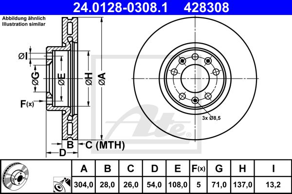 ATE 24.0128-0308.1 Диск тормозной передний! D54 Peugeot Expert 16>/Traveller, Citroen Spacetourer 16>