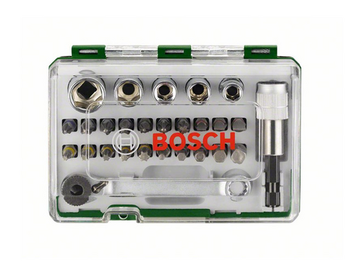 BOSCH 2607017160 Набор инструментов! 27 пр. (19 бит, 5 торц. ключей, трещетка, ун. держатель)