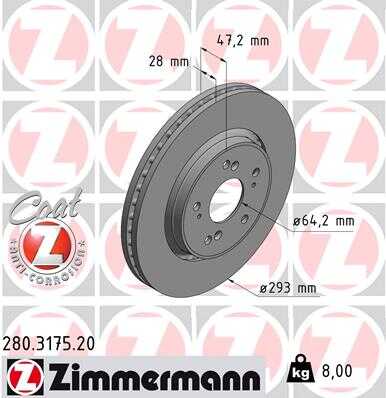 ZIMMERMANN 280.3175.20 Диск тормозной перед. 293x28/47-5x114 Honda CR-V 2.0/2.2CTDi/DTEC/2.4VTEC 07>