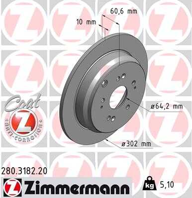 ZIMMERMANN 280318220 Диск тормозной задний! Honda CR-V 2.2CTDi 05>