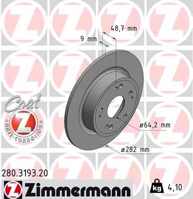 ZIMMERMANN 280319320 Диск тормозной задн. 282x9/49-5x114 HONDA HR-V 1.5 15>, i-VTEC 19>, 1.6 i-DTEC