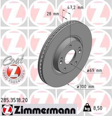 ZIMMERMANN 285.3518.20 Диск тормозной передний! Hyundai ix35/Sonata/Tucson, KIA Sportage 2.0-3.3 04>