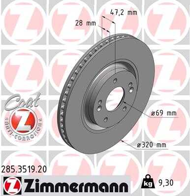 ZIMMERMANN 285.3519.20 Диск тормозной перед. 320x28/47-5x114 Hyundai i40 1.6/2.0/1.7CRDi 11>