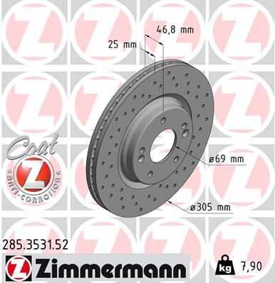 ZIMMERMANN 285353152 Диск тормозной! SPORT KIA i30 1.4MPI/T-GDI 16>, Hyundai Kona 1.6CRDi 18>