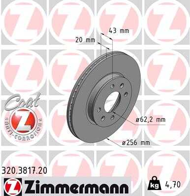 ZIMMERMANN 320381720 Диск тормозной перед. 256x20/43-4x100 Hyundai i10, KIA Picanto 1.0-1.1i/1.1CRDi 04>