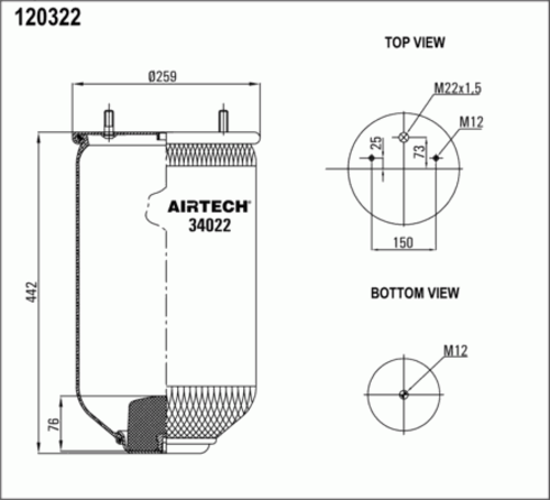 AIRTECH 34022P Пневмоподушка без стакана 2шп. M12 смещ.25. 1отв. штуц. M22.,Н.1отв. шп. M12 SAF