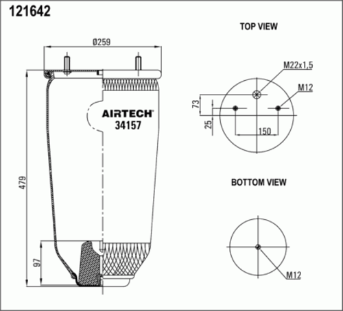 AIRTECH 34157P Пневмоподушка без стак. H479 2шп. M12смещ.25. 1отв. штуц. M22. 1отв. M12 ROR