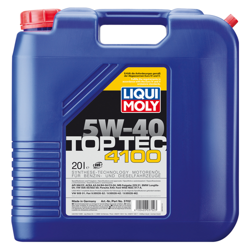 LIQUIMOLY 3702 LiquiMoly 5W40 Top Tec 4100 (20L) масло мотор.! син. api SM/CF,ACEA A3-04/B4-04/C3-04:VW,MB229.31,BMW