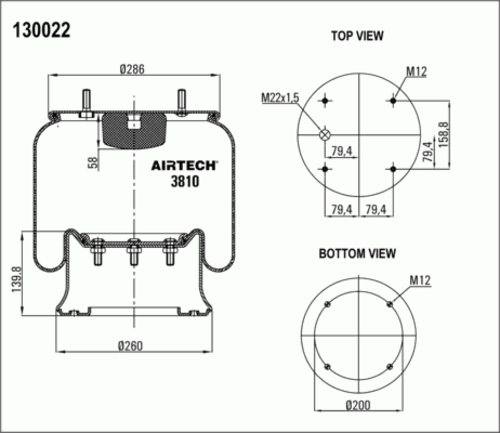 AIRTECH 3810K Пневмоподушка со стак! 4шп. M12. 1отв. штуц. M22. поршень стальн.4отв. m12 SAF/ROR/Trailor/Volvo