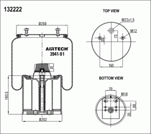 AIRTECH 394101KPP Пневмопод. со стак. 941MB h523 2шп. M12смещ.25. 1отв. штуц. M22. поршень пластикbpw