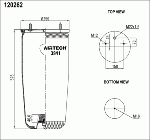 AIRTECH 3941P Пневмопод. без стак. 941MB h523 2шп. M12смещ.25. 1отв. штуц. M22. н: 1шп. M16 BPW