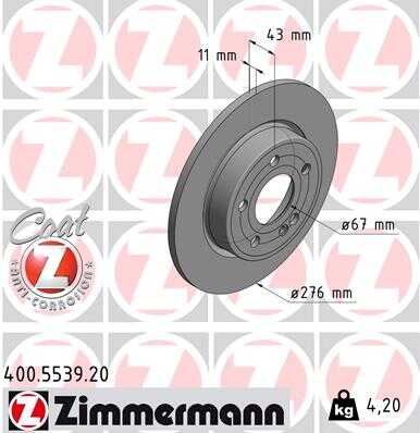 ZIMMERMANN 400.5539.20 Диск тормозной задн. 276x11/43-5x112 MB A-CLASS A 160 18>, d 19>, 180, 19>.