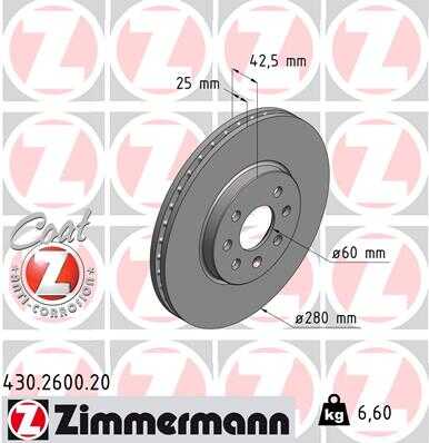 ZIMMERMANN 430.2600.20 Диск тормозной перед. 280x25/42-4x100 OPEL COMBO 1.3 CDTI 16V 04>11, 05>, 05>11, CDT